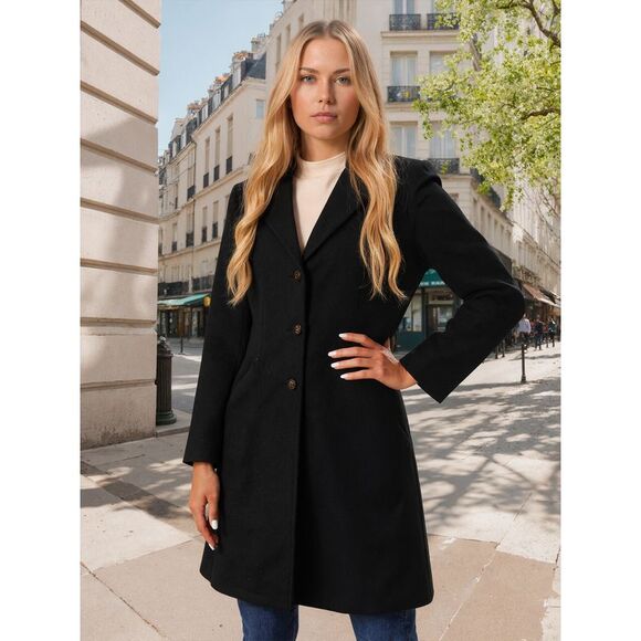 Fashion Winter Notched Lapel Button Down Outerwear Overcoat Black - Picture 2 of 6